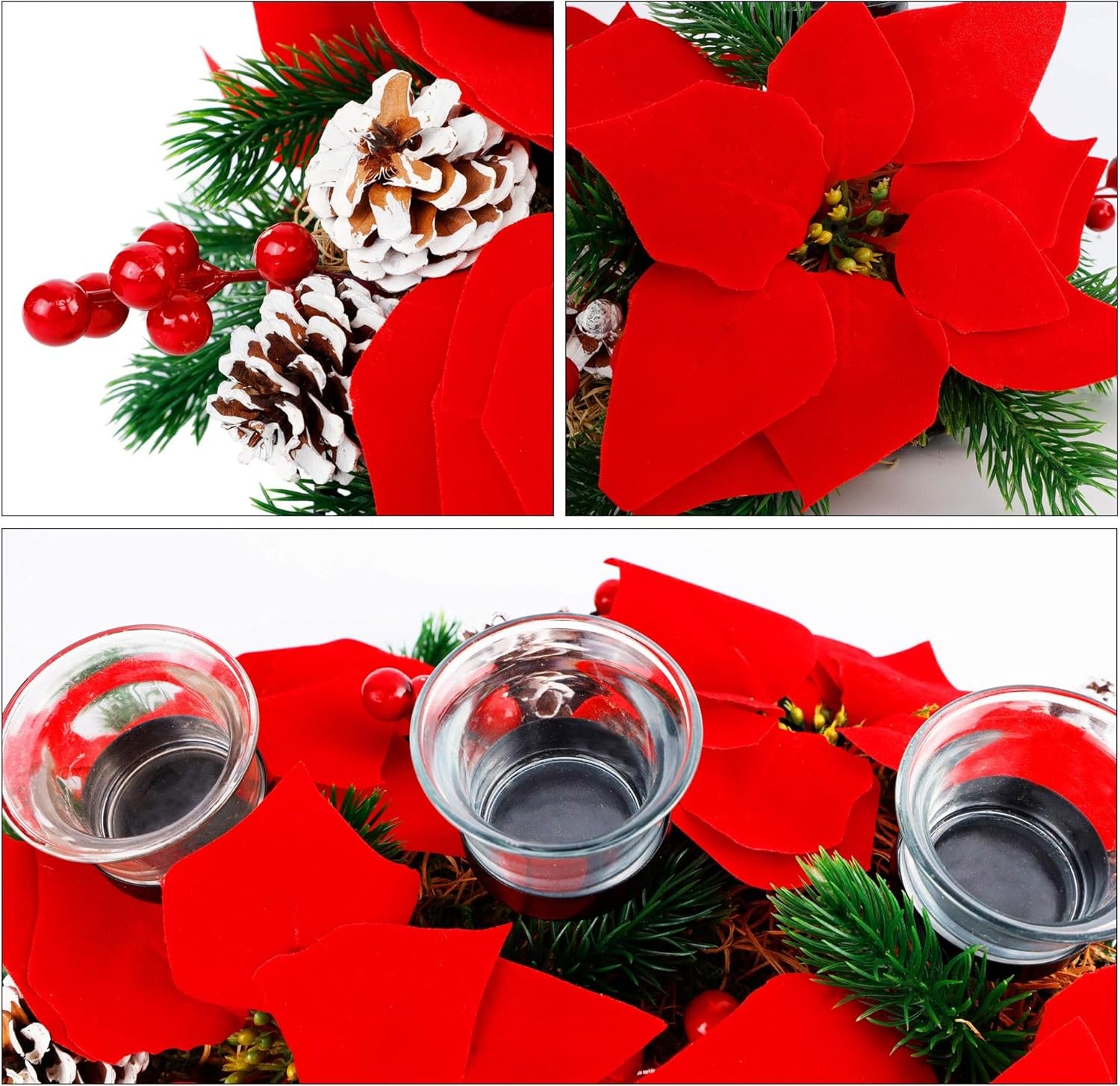Juegoal Christmas Poinsettia Centerpiece with 3 Candle Holders, Pinecones and Red Berries, Christmas Decorations Holiday Candleabrum, Tabletop Centerpiece and Display - Image 3
