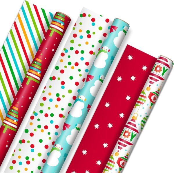 Hallmark Reversible Christmas Wrapping Paper for Kids (3 Rolls: 120 sq. ft. ttl) Orange and Teal Stripes, Trees, Ornaments, Polka Dots - Image 2