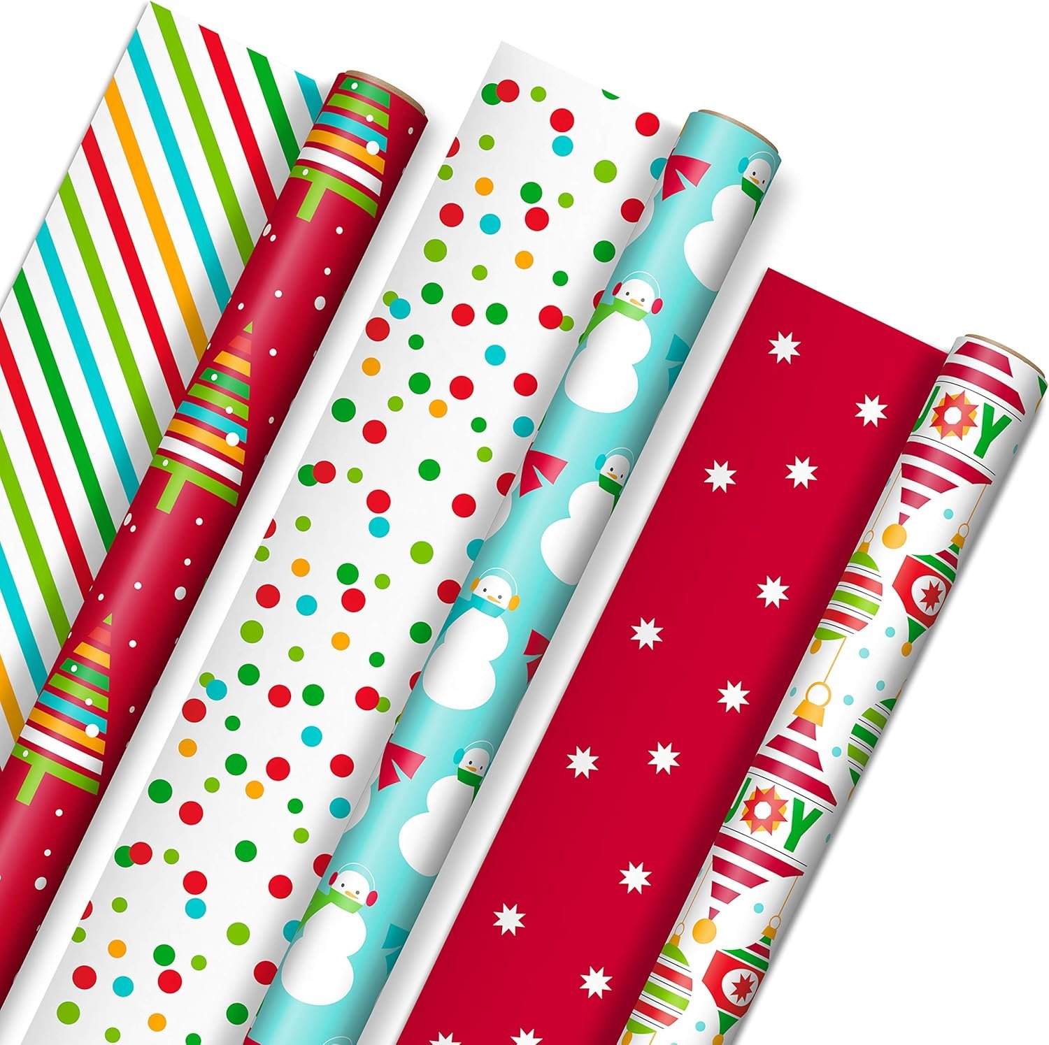 Hallmark Reversible Christmas Wrapping Paper for Kids (3 Rolls: 120 sq. ft. ttl) Orange and Teal Stripes, Trees, Ornaments, Polka Dots - Image 2