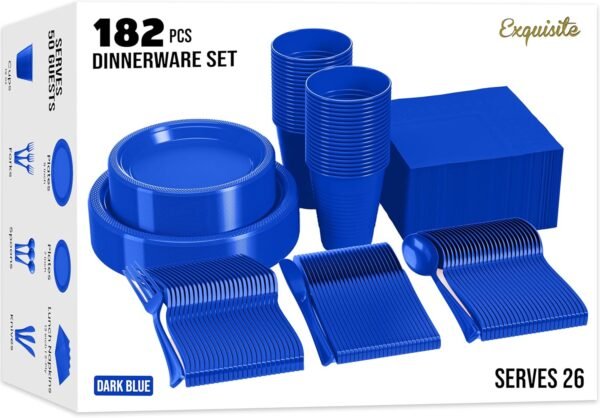 182 Pcs Plastic Dinnerware Set Includes 26 Of Each 9" Dark Blue Plastic Dinner Plates | 7" Plastic Dessert Plates | 12 oz Plastic Cups | Dark Blue Napkins | Plastic Spoons, Forks & Knives Exquisite - Image 2