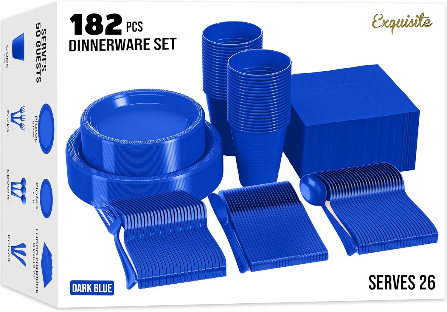 182 Pcs Plastic Dinnerware Set Includes 26 Of Each 9" Dark Blue Plastic Dinner Plates | 7" Plastic Dessert Plates | 12 oz Plastic Cups | Dark Blue Napkins | Plastic Spoons, Forks & Knives Exquisite - Image 2