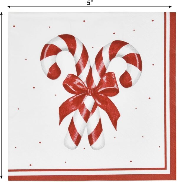100 Count Christmas Candy Cane Cocktail Beverage Napkins Holiday Disposable Paper Napkin Red and White Striped Peppermint Canes Dessert Napkins for Home Dinner Xmas Tableware Party Supplies Decoration - Image 3