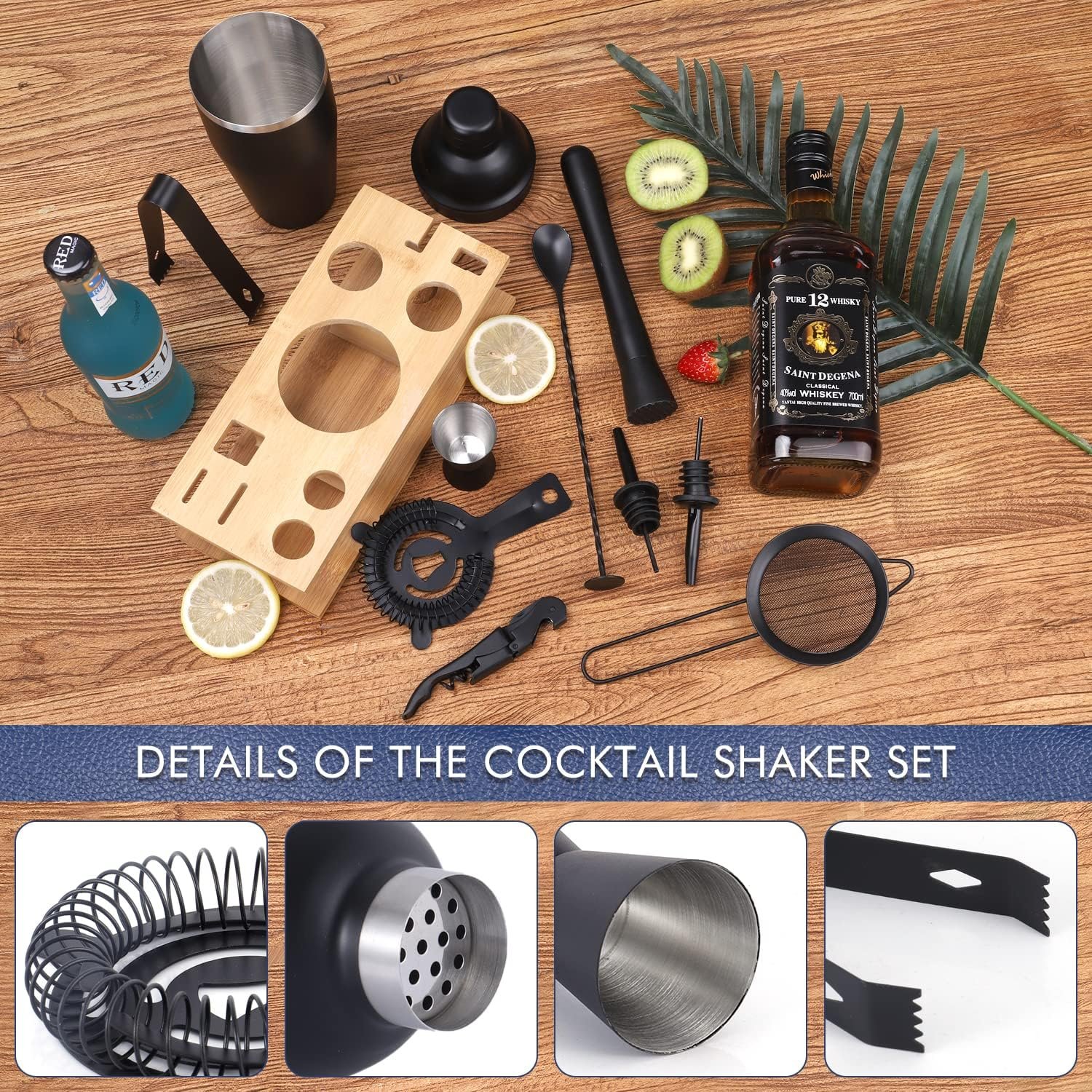 11Pcs-Cocktail Shaker Set Black Bartending Kit 25oz Cocktail Bar Set Cocktail Mix Drink Making Kit Professional Bar and Home Drink Bar Tools for Bartender(Matte Black) - Image 6
