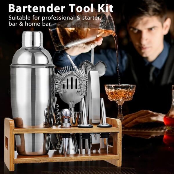 Cocktail Shaker Set Bartender Kit, Godmorn 15Pcs Bartender Shaker Set, 304 Stainless Steel Martini Shaker and Strainer, 550ml /19OZ Bar Tool Set with Bamboo Stand, Recipe Book, for Home and Bar - Image 6
