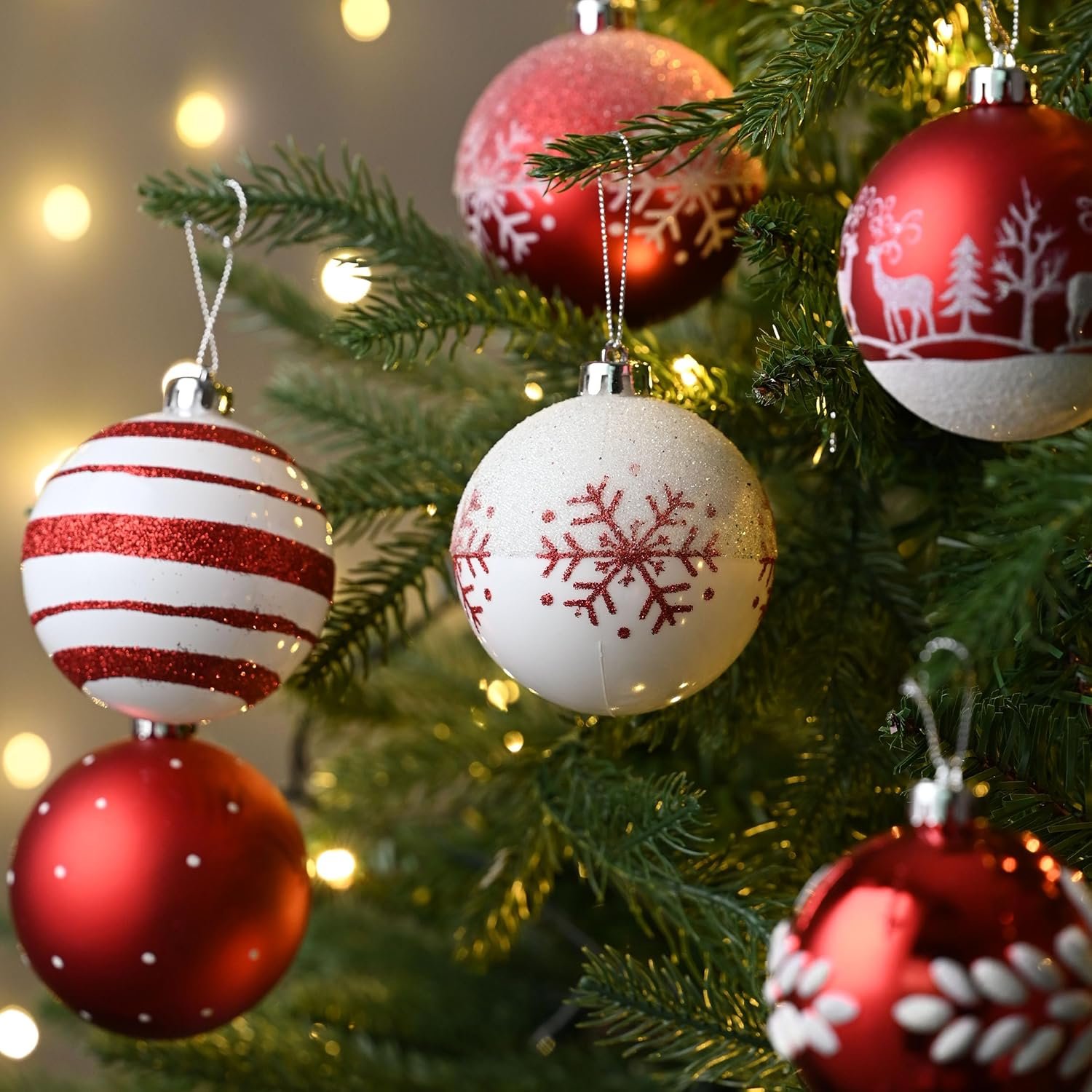 Valery Madelyn Christmas Tree Decorations Set, 16ct Red and White Shatterproof Christmas Ball Ornaments Bulk, 3.15 Inch Traditional Hanging Ornaments for Christmas Trees Xmas Holiday Party Decor - Image 7