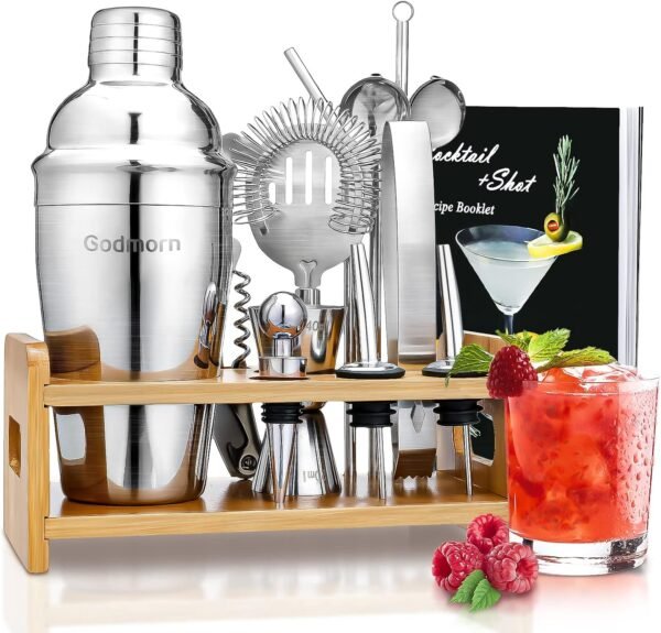Cocktail Shaker Set Bartender Kit, Godmorn 15Pcs Bartender Shaker Set, 304 Stainless Steel Martini Shaker and Strainer, 550ml /19OZ Bar Tool Set with Bamboo Stand, Recipe Book, for Home and Bar - Image 9