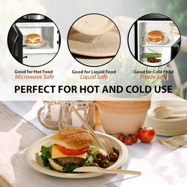 ALPIO 250Pcs Disposable Paper Plates Set, Compostable Dinnerware Set for 50 Guests – Biodegradable Paper Plates, Eco-Friendly Sugarcane Utensils, Includes Paper Plates, Forks, Knives, Spoons - Image 3
