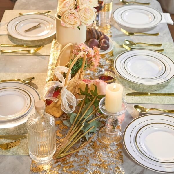 350 Pieces Gold Disposable Plates for 50 Guests, Disposable Plastic Plates for Party, Wedding, Dinnerware Set of 50 Dinner Plates, 50 Salad Plates,50 Cups and 50 Paper Napkins, Gold - Image 7