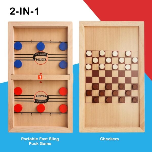 Fast Sling Puck Game Toy,2-in-1 Board Game: Includes Checkers & Chess. Solid Wood Winner Slingshot. Foosball and Air Hockey or Birthday Party Present for Kids & Adults - Image 4