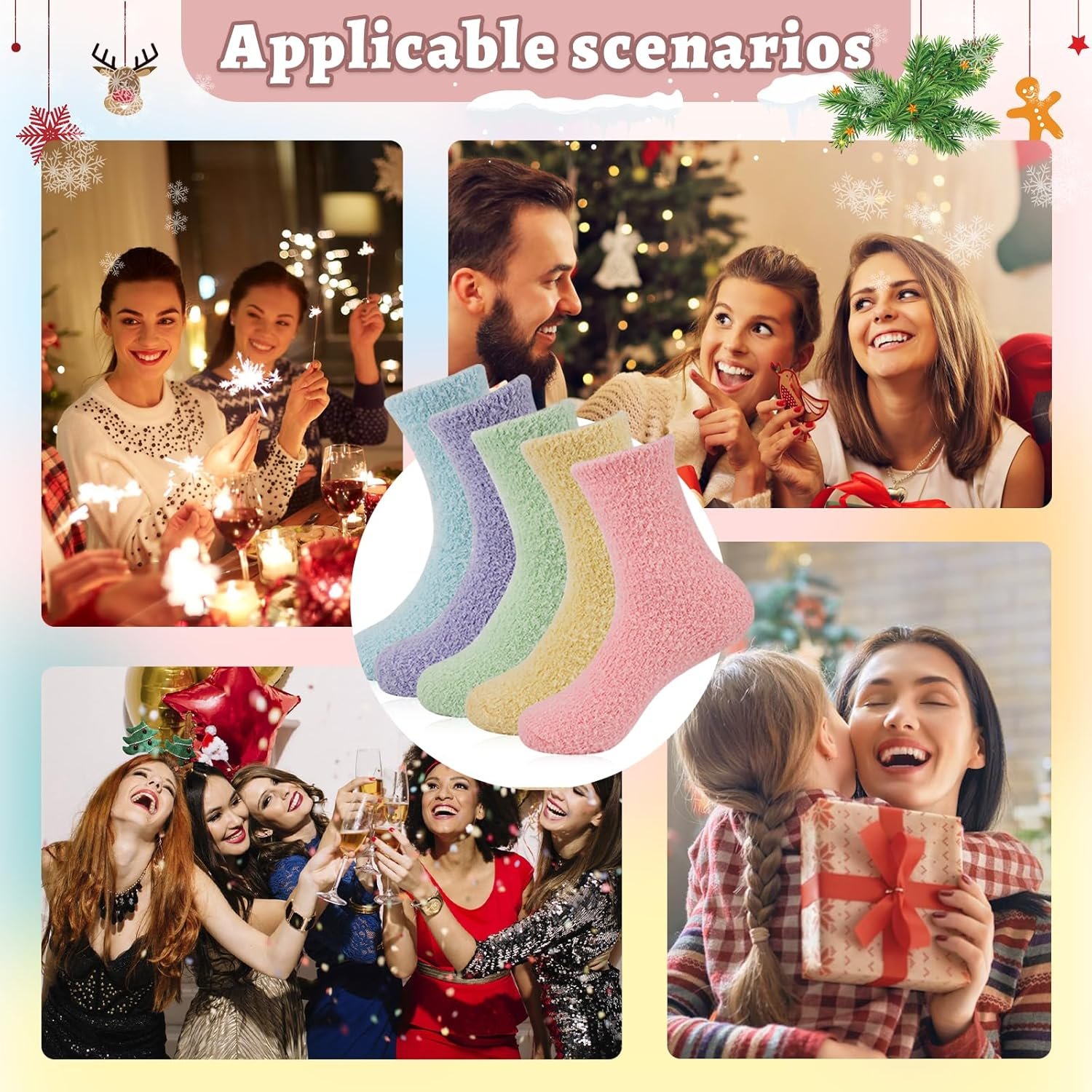 Mason Life Fuzzy Slipper Socks, 5 Pairs Fuzzy Socks Cozy Socks for Women, Non Slip Socks Fluffy Socks Winter Warm Soft Sleeping Socks for Women Adult Christmas Gifts - Image 8
