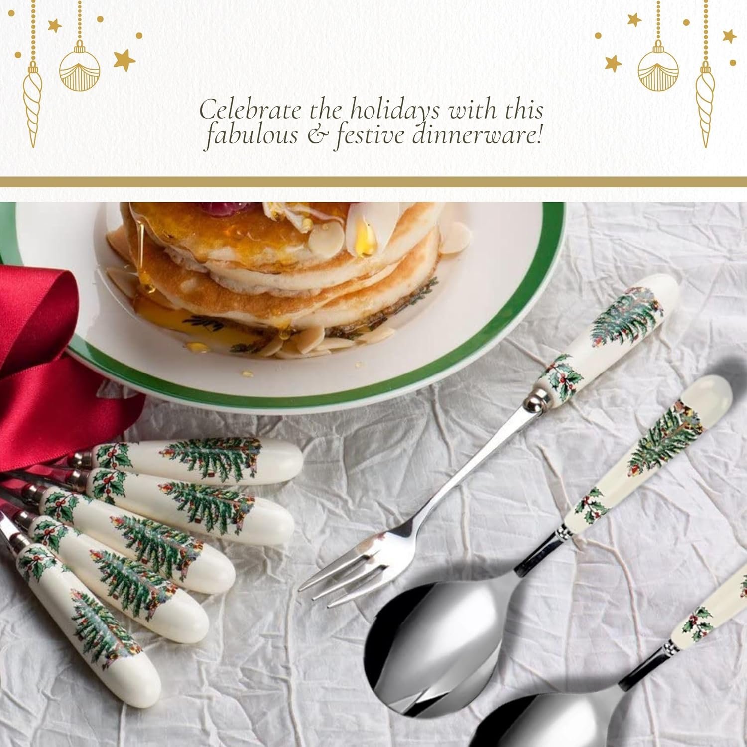 Portmeirion Christmas Tree Salad Server Set (2-Piece) - 10 Inch Stainless Steel with Porcelain Handles, Festive Flatware for Holiday Dining - Dishwasher Safe, Seasonal Entertaining & Gift-Giving - Image 6