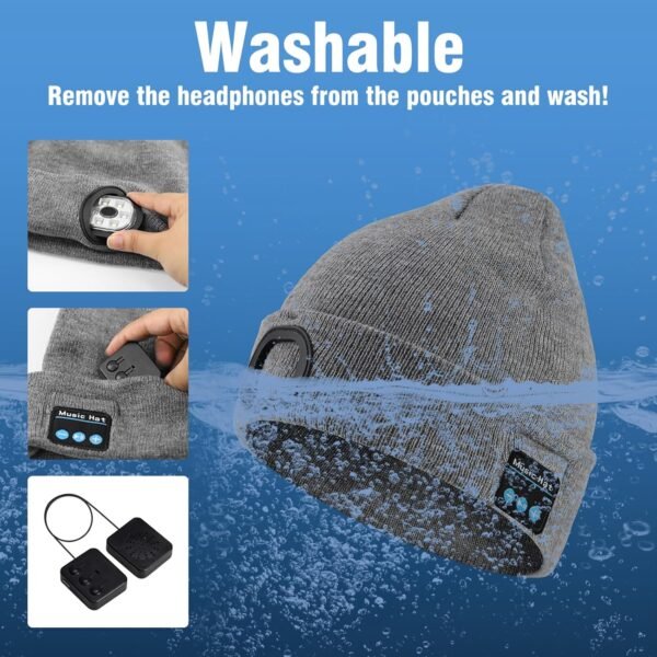 Rotibox Bluetooth Beanie with Light, Unisex USB Rechargeable 4 LED Headlamp Hat with Wireless Headphones - Image 8