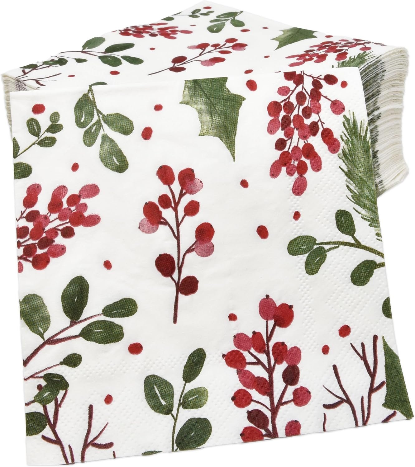 100 Christmas Berries and Greenery Cocktail Beverage Napkins Disposable Paper Xmas Holly Berry Pine Dessert Napkin for Winter Holiday Home Kitchen Wedding Party Supplies Tableware Decorations - Image 4
