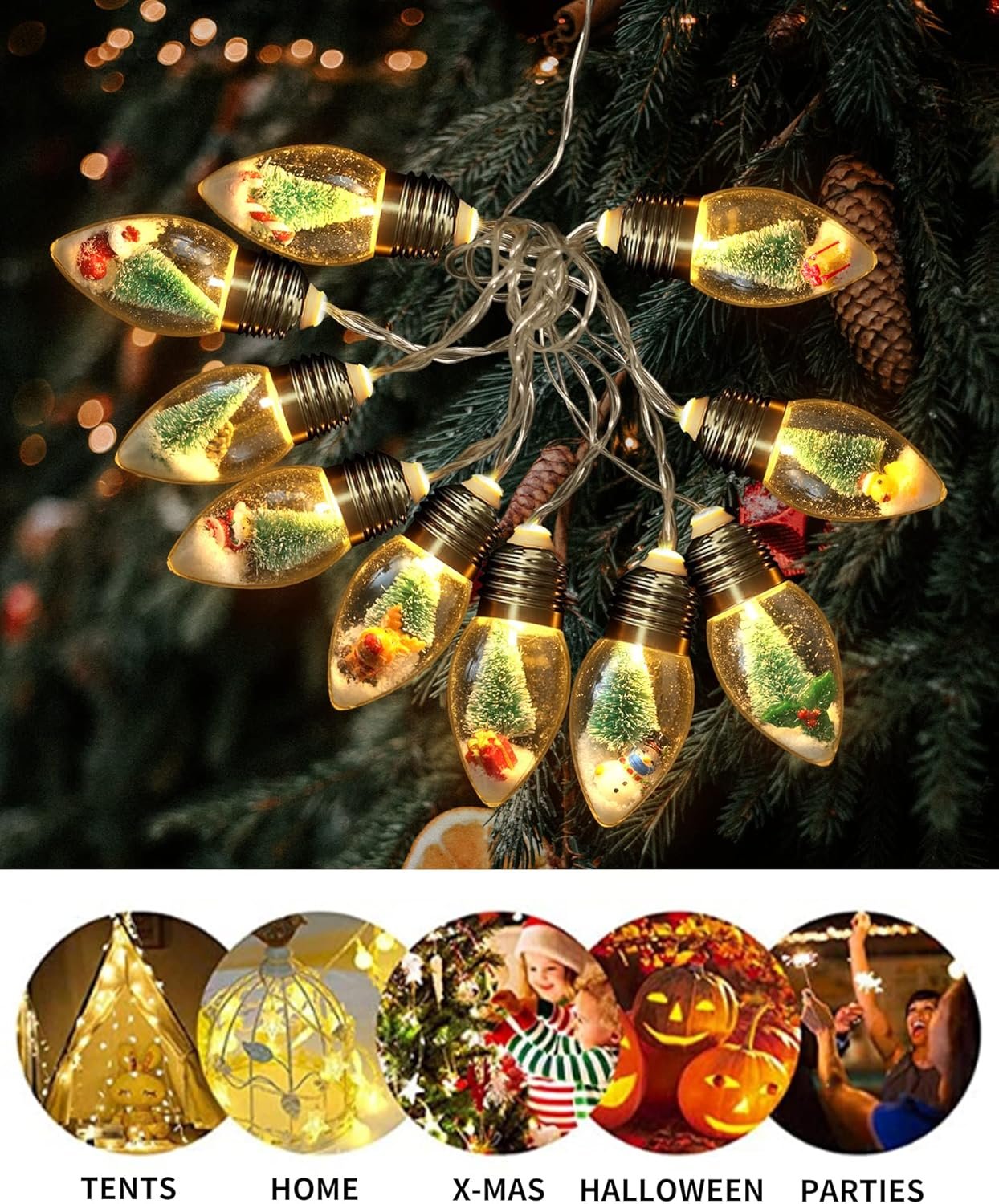6.6ft Christmas Tree Snow Globe String Lights for Indoor Bedroom Decorations - 10 LED Globe Bulbs String Light with Tree & Snow & Cute Ornaments for Home Patio Decor Fireplace Xmas Tree Decoration - Image 5
