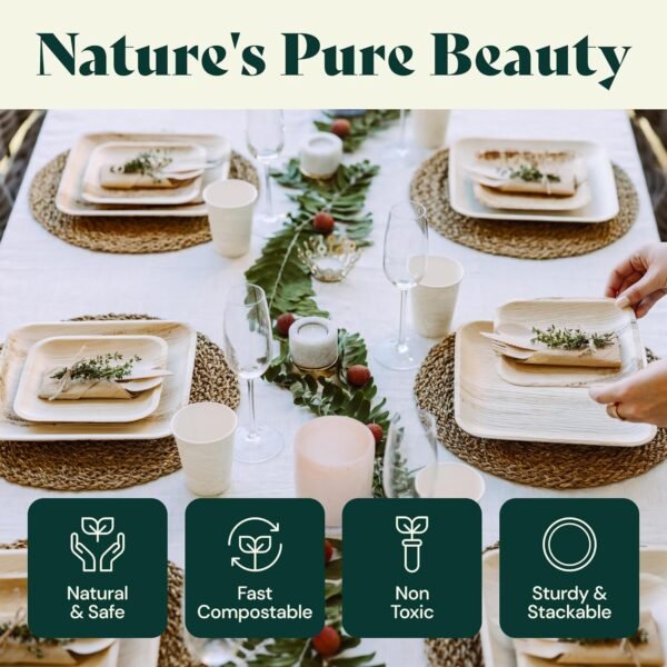 Chic Leaf Party Supplies Tableware 340 Pcs Bulk Pack for 45 Guests - 100% Biodegradable Palm Leaf Disposable Dinnerware Set, Sturdy 10'' & 7'' Plates w/ 10 Oz Cups, Napkins, Forks, Knifes & Spoons - Image 6