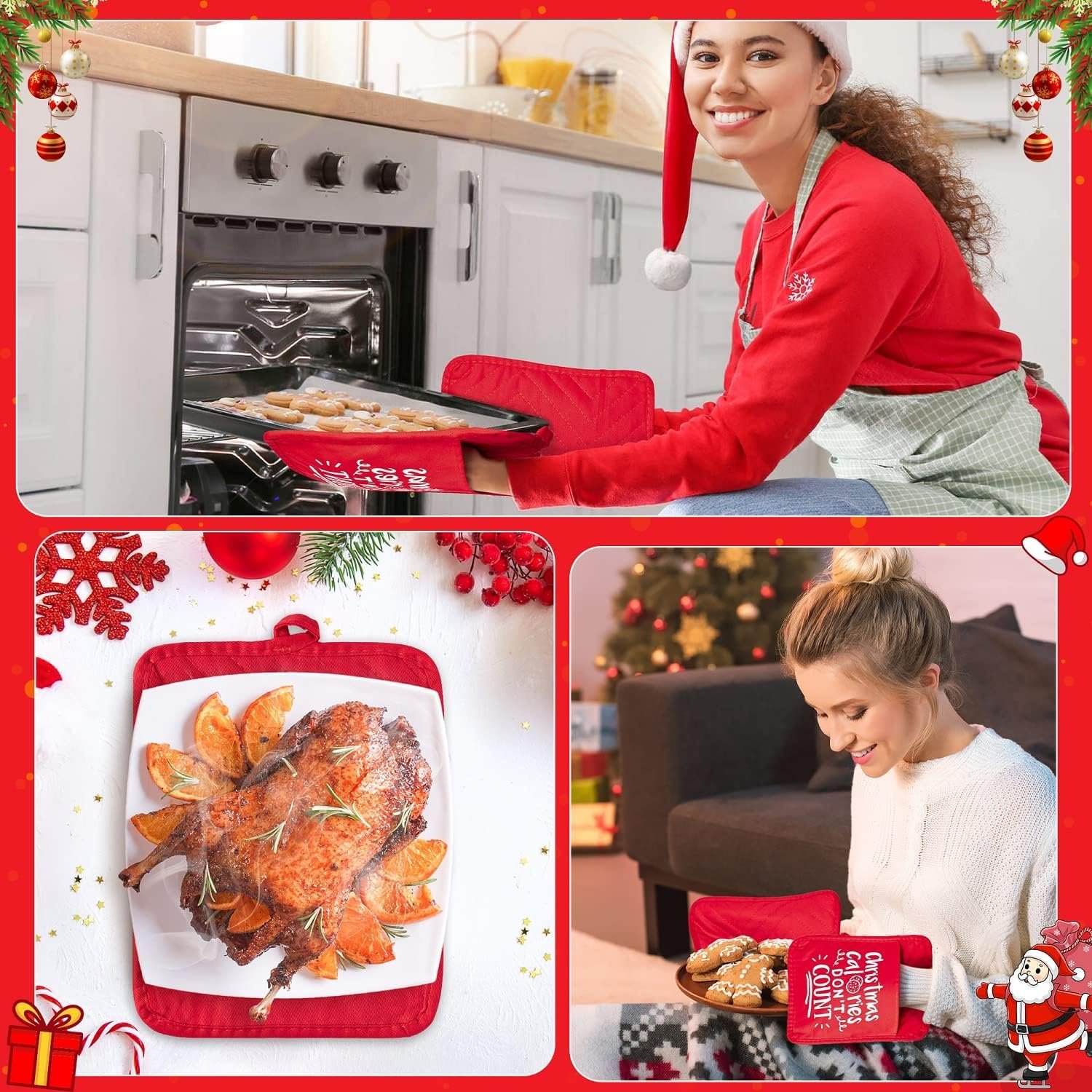 R HORSE 6 Pieces Christmas Pot Holders with Pocket Xmas Cotton Potholders for Kitchen Machine Washable Oven Mitts Heat Resistant Hot Pads Red Cookie Bag for Christmas Kitchen Gift 7 x 9 in - Image 7