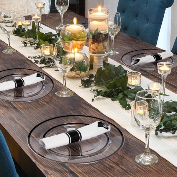 Goodluck 175 Piece Black Plastic Dinnerware Set for Party, Clear Disposable Plates for 25 Guests, Include: 25 Dinner Plastic Plates, 25 Dessert Plates, 25 Pre Rolled Napkins with Cutlery Set, 25 Cups - Image 7