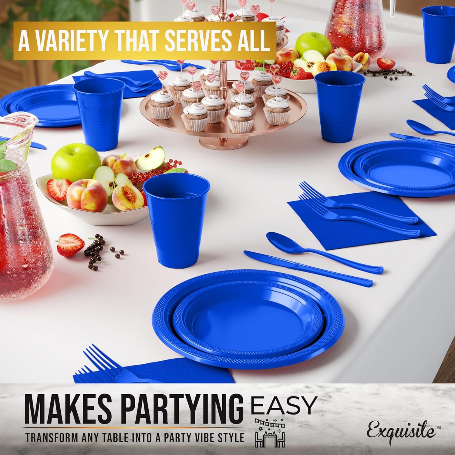 182 Pcs Plastic Dinnerware Set Includes 26 Of Each 9" Dark Blue Plastic Dinner Plates | 7" Plastic Dessert Plates | 12 oz Plastic Cups | Dark Blue Napkins | Plastic Spoons, Forks & Knives Exquisite - Image 6