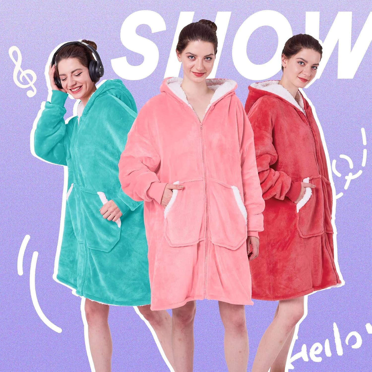 JOYWOO Pink Wearable Blanket Hoodie, Oversized Birthday Gifts for Girlfriend, Hooded Blanket Christmas Gifts for Girls Women, Cozy Fuzzy Sherpa Sweatshirt Blanket with Giant Pocket and Zipper, Pink - Image 8