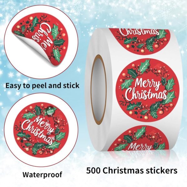 Heyfibro 1.5 Inches Christmas Sticker Roll, 500 Pcs Merry Christmas Stickers for Kids, Winter Holiday Round Labels Stickers for Gift Packing, Cards, Envelopes, Party Supplies(Christmas Wreath 5) - Image 3
