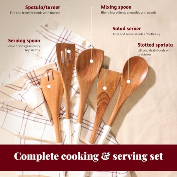 Folkulture Wooden Spoons for Cooking, Set of 5 Wooden Utensils for Cooking, Nonstick Wooden Cooking Utensils, Wooden Cooking Utensils, 12" Kitchen Utensil Sets with Wooden Spoon Sets & Spatula - White - Image 3