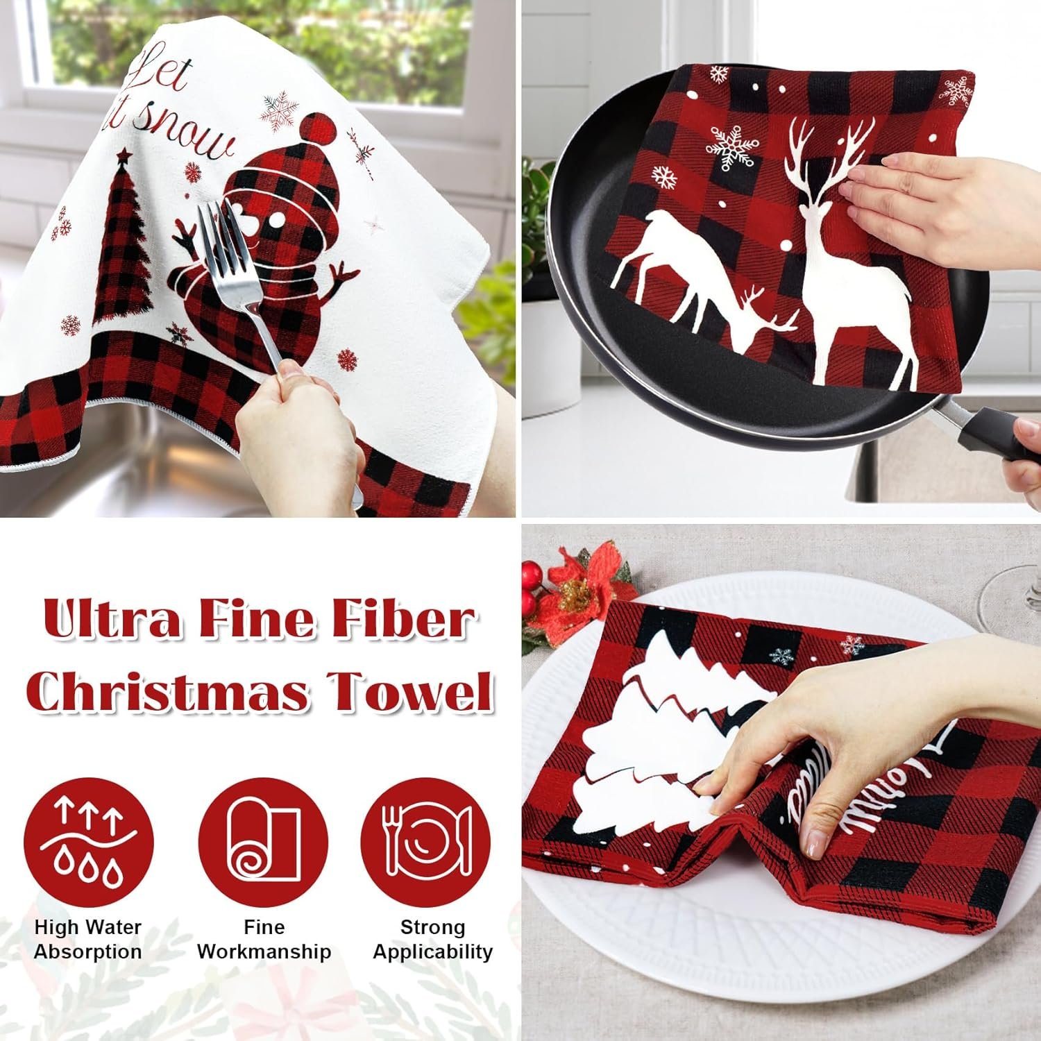 Amandir Set of 6 Red Black Christmas Kitchen Towels Buffalo Plaid 24 x 16 Inch Dish Towels Winter Snowman Truck Tea Towels Christmas Hand Towels for Holiday Xmas Housewarming Gift Farmhouse Home - Image 6