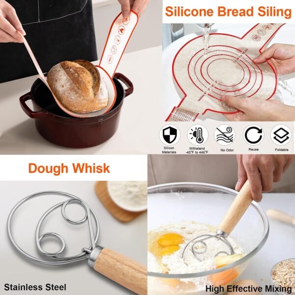 10 Inch Oval & 9Inch Round Banneton Bread Proofing Basket Sets,Sourdough Bread Baking Supplies with Linen Liners,Silicone Bread Sling,Danish Whisk,Scoring Cutter,Dough Scraper - Image 5