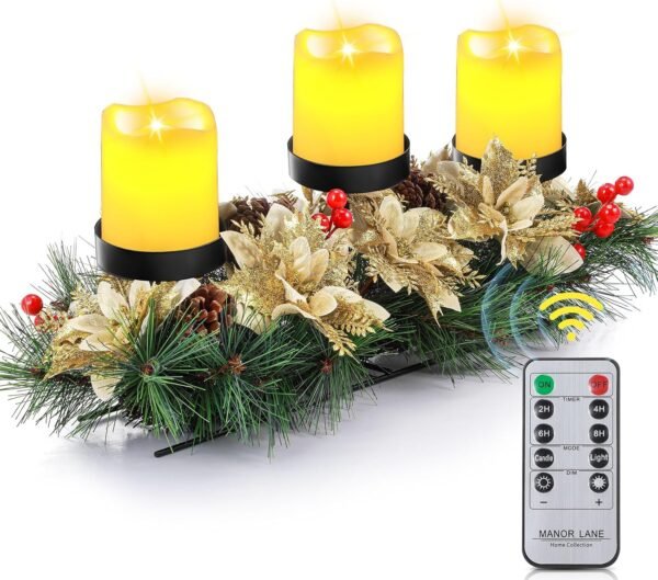 17 Inch Artificial Christmas Centerpiece Candle Holder with 3 Ivory White Flickering Flameless Candles with Remote Control and Timer Christmas Table Centerpiece for Party (Gold) - Image 2