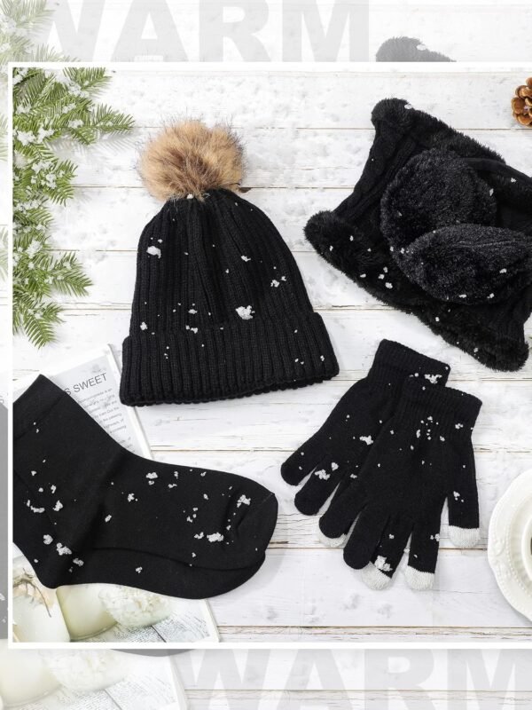 5 Pcs Women Winter Warm Hat and Gloves Scarf Set Knitted Beanie Ski Outing Pompom Hat Winter Ear Warmer Ski Earmuffs Stocking - Image 7