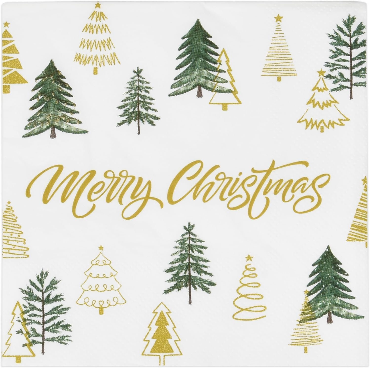 100 Merry Christmas Tree Cocktail Beverage Napkins Disposable Paper Decorative Elegant Xmas Green & Gold Trees Dessert Dinner Hand Napkin for Winter Holiday Wedding Party Supplies Tableware Decoration - Image 2