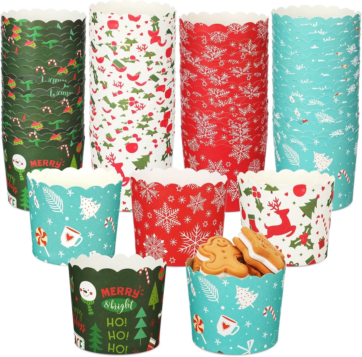 Uiifan 200 Pcs 6 oz Muffin Cupcakes Christmas Baking Paper Cups Greaseproof Baking Cup Christmas Muffin Paper Cups 4 Styles Xmas Baking Paper Cup Christmas Party Supplies for Cake Balls Candies - Image 2
