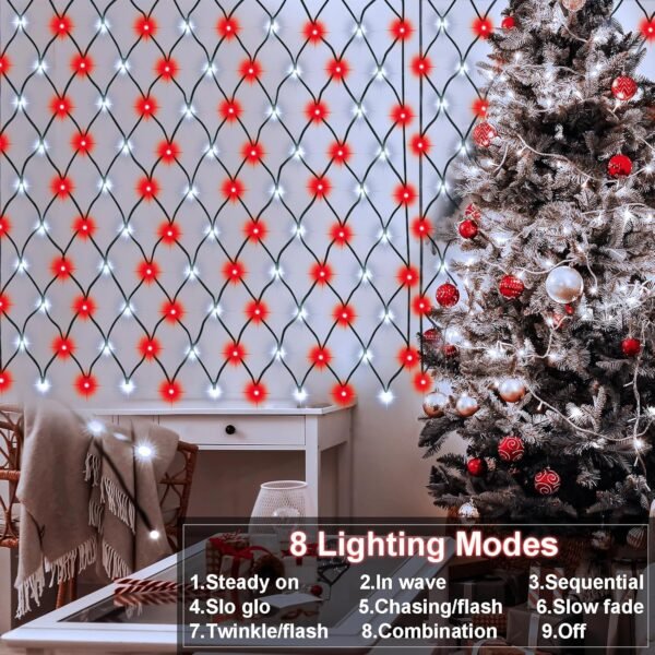 Red White Solar Powered LED Net Lights 5Ft x 5Ft,100 LEDs Christmas Bush Net Lights Solar Christmas Candy Cane Red White Net Lights,8 Modes Christmas Net Lights Solar for Christmas Outdoor Decoration - Image 5