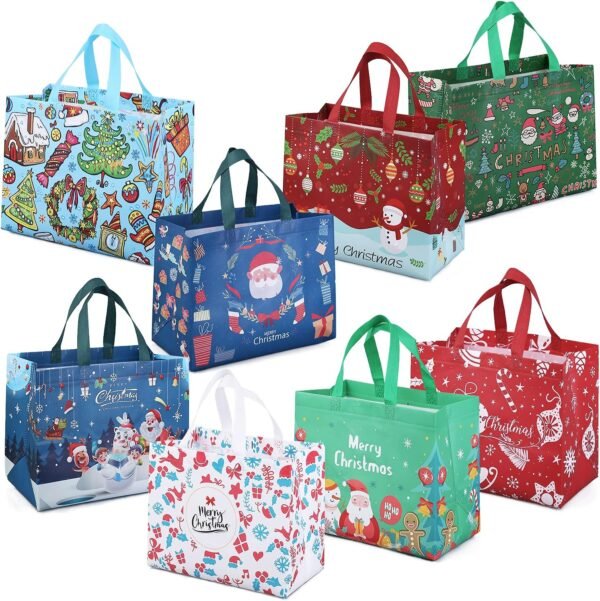 PARSUP 8PCS Christmas Gift Bags, Tote Bags with Handles, Treat Bags, Multifunctional Non-Woven Bags for Gifts Wrapping Shopping, Xmas Party Supplies, 12.8"×9.8"×6.7" - Image 2