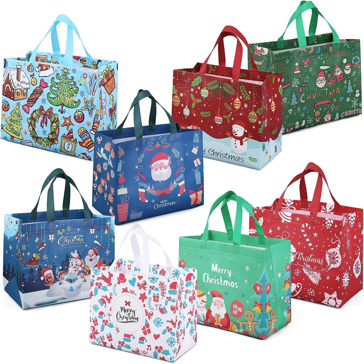 PARSUP 8PCS Christmas Gift Bags, Tote Bags with Handles, Treat Bags, Multifunctional Non-Woven Bags for Gifts Wrapping Shopping, Xmas Party Supplies, 12.8"×9.8"×6.7" - Image 2