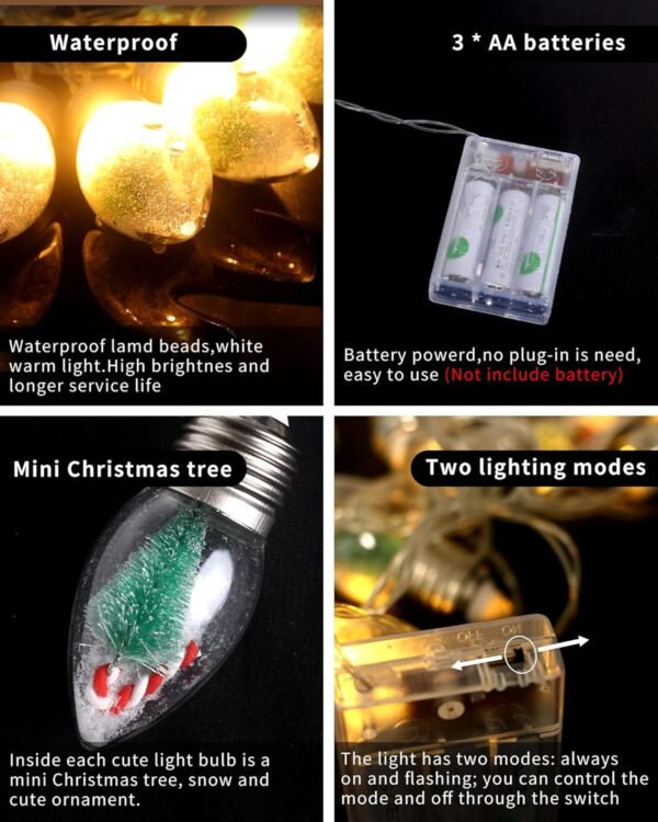 6.6ft Christmas Tree Snow Globe String Lights for Indoor Bedroom Decorations - 10 LED Globe Bulbs String Light with Tree & Snow & Cute Ornaments for Home Patio Decor Fireplace Xmas Tree Decoration - Image 7