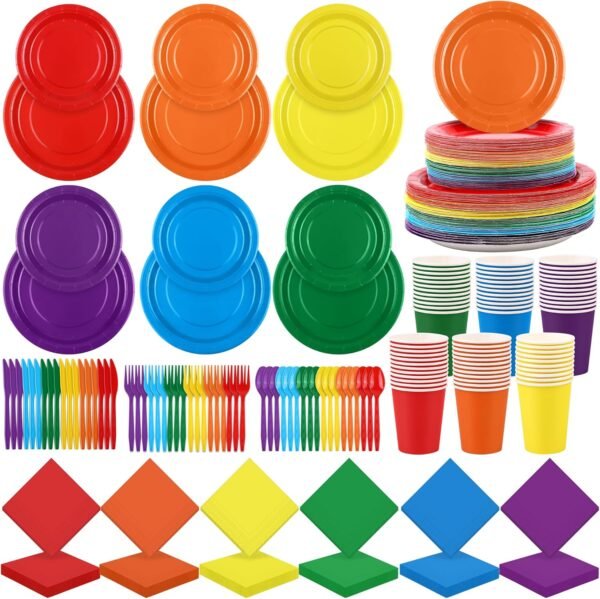durony 504 Pieces Rainbow Disposable Party Tableware Set Serves 72 Guests 7" & 9" Rainbow Paper Plate 9oz Paper Cups Paper Napkins Plastic Cutlery Rainbow Party Decorations Neon Party Supplies - Image 2