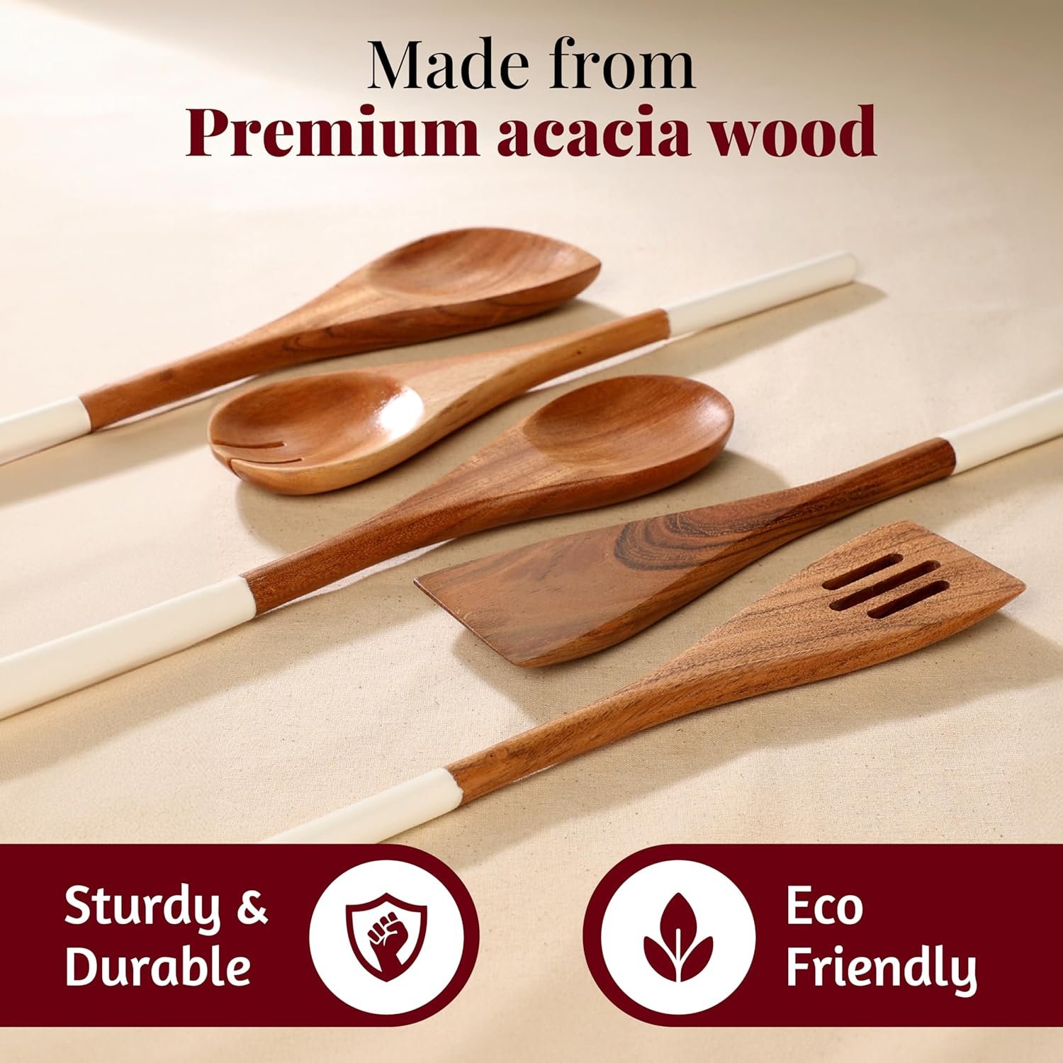 Folkulture Wooden Spoons for Cooking, Set of 5 Wooden Utensils for Cooking, Nonstick Wooden Cooking Utensils, Wooden Cooking Utensils, 12" Kitchen Utensil Sets with Wooden Spoon Sets & Spatula - White - Image 4