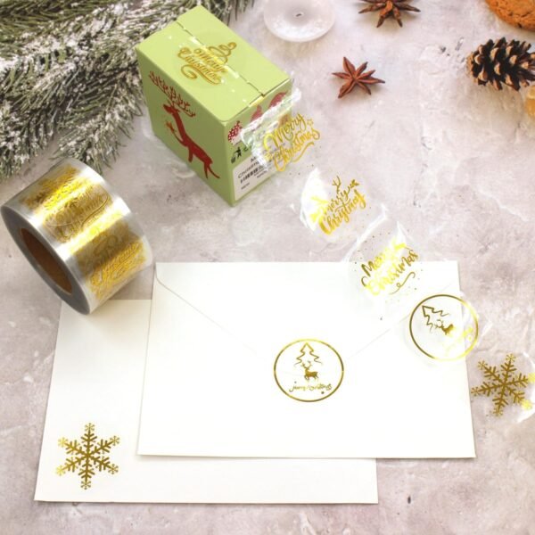 1.5 Inches/600 Christmas Stickers, 6 Clear Gold Foil Designs Merry Christmas Stickers Snowflake Stickers for Christmas Decorations Envelopes Cards Sealing Craft Decor - Image 7