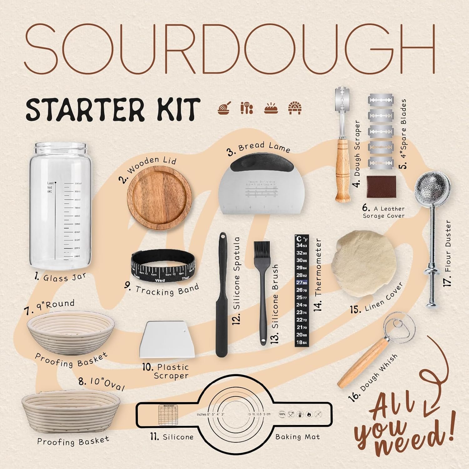 Sourdough Bread Baking Supplies and Starter Kit,40oz Sourdough Starter Jar with sealed Lid,2 Banneton Bread Proofing Baskets (9”Round & 10”Oval),Complete Sourdough Bread Baking Supplies - Image 3