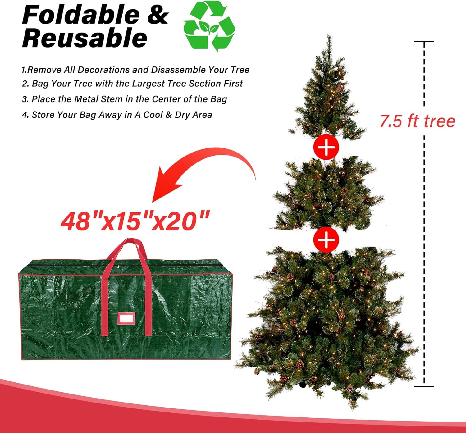 Christmas Tree Storage Bag, Fits Up to 7.5 Ft Artificial Trees,Dual Zippered Bag with Durable Handles, Waterproof Christmas Tree Storage Case, Protects from Dust and Moisture(7.5 ft,Green) - Image 4