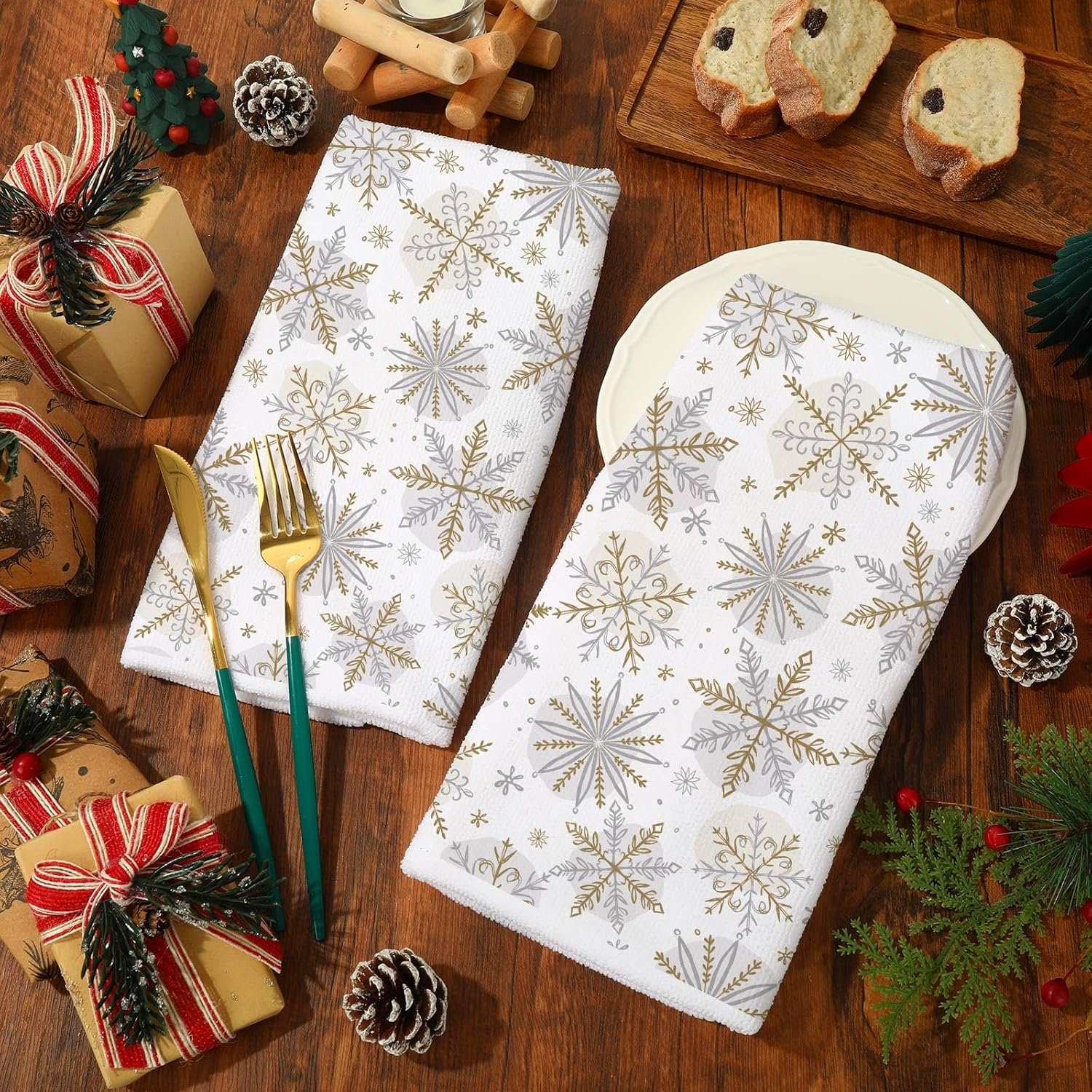 AnyDesign Christmas Kitchen Towels 18 x 28 Inch Silver Gold Snowflake Dish Towel Xmas Winter Absorbent Hand Drying Tea Towel for Cooking Baking, 2Pcs - Image 5