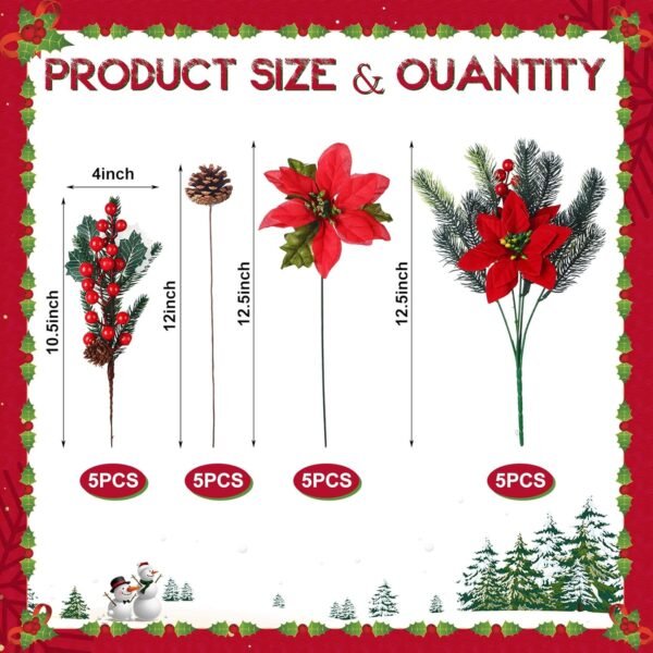 20 Pcs Artificial Christmas Red Flowers Bouquet Floral Pine Cones Holly Berries Stems Floral Picks Branches for Xmas Tree Decoration Vase Crafts Garland Wreath(Red, Green) - Image 7