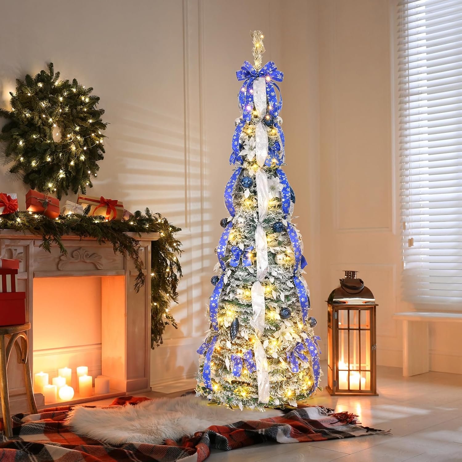 VINGLI 6ft Pre Lit Pop Up Christmas Tree with 150 Lights, Fully Decorated Flocked Pencil Christmas Tree Pre Lit Collapsible Christmas Tree Holiday Party Decorations (Blue&Silver) - Image 3