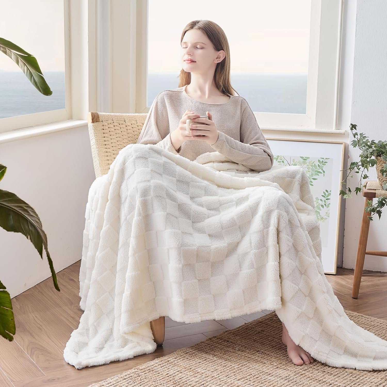NEWCOSPLAY Super Soft Throw Blanket Ivory Premium Silky Flannel Fleece 3D Checkered Lightweight Bed Blanket All Season Use (Ivory Checkered, Throw(50"x70")) - Image 4