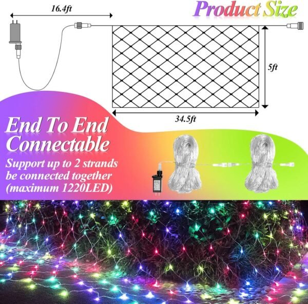LitHome 610 LED 34.5ft x 5ft Outdoor Christmas Net Lights,Connectable Mesh Lights with 8 Modes,Waterproof Plug in Net Lights for Bushes, Garden, Backyard, Holiday, Christmas(Multicolor) - Image 3