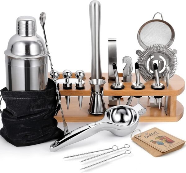 24-Piece Cocktail Shaker Bartender Kit with Stand, 24 oz Martini Shaker, Mixing Spoon, Muddler, Measuring Jigger, Lemon Squeez, Tongs, Corkscrew, Liquor Pourers and More Professional Bar Tools - Image 2