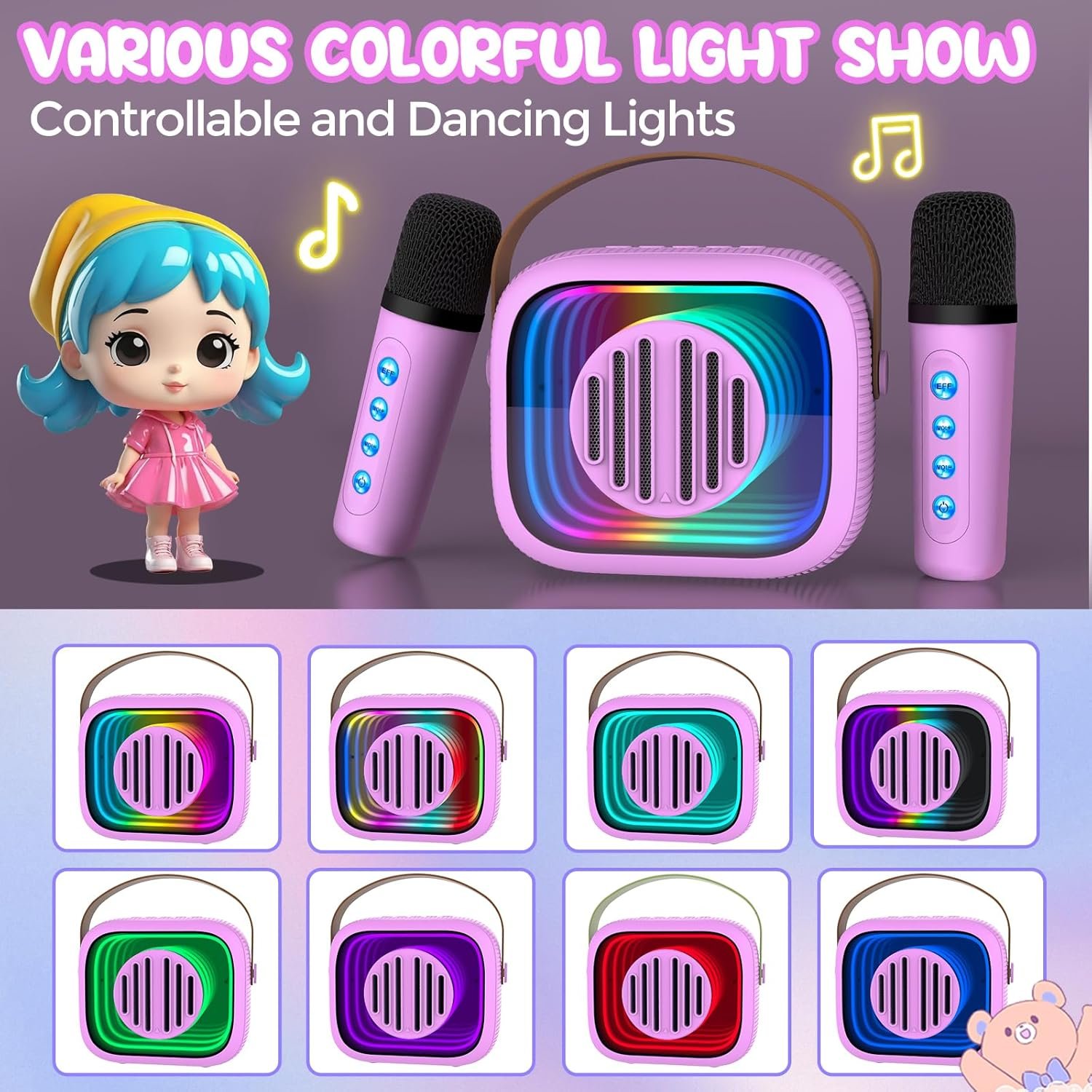 Karaoke Machine for Kids Adults, Portable Mini Karaoke Speaker with 2 Wireless Microphones, Stereo Sound and Colorful Lights, Toys Birthday Gifts for Girls 4, 5, 6, 7, 8, 9, 10, 12+ Years Old Toddler - Image 6
