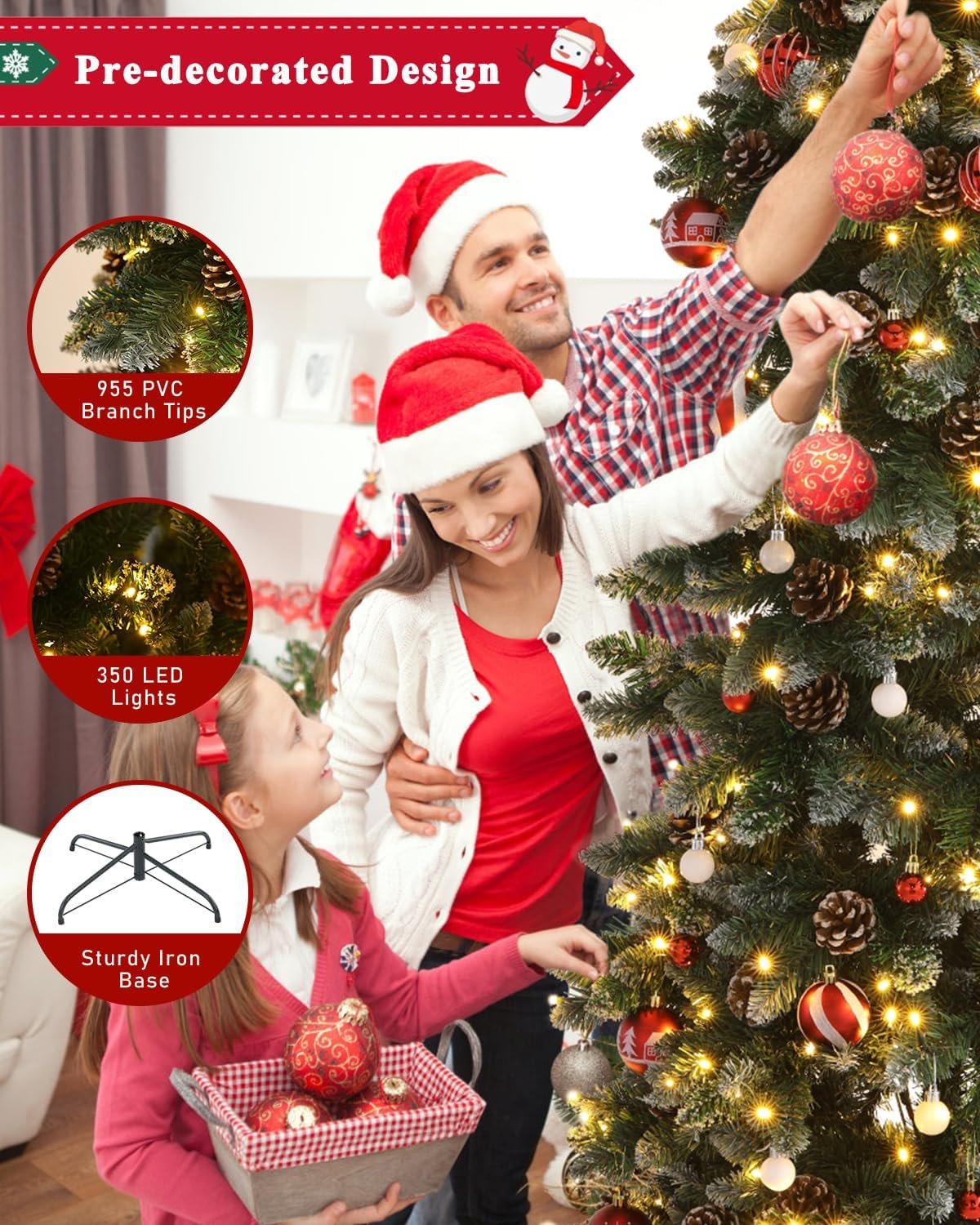 AORESAC 6.5ft Pre-Lit Pencil Christmas Tree for Home, Office, Party Decoration, Artificial Snow Flocked Design w/ 350 LED Lights & 699 PVC Branch Tips and Pine Cones, Metal Hinges & Base - Image 6
