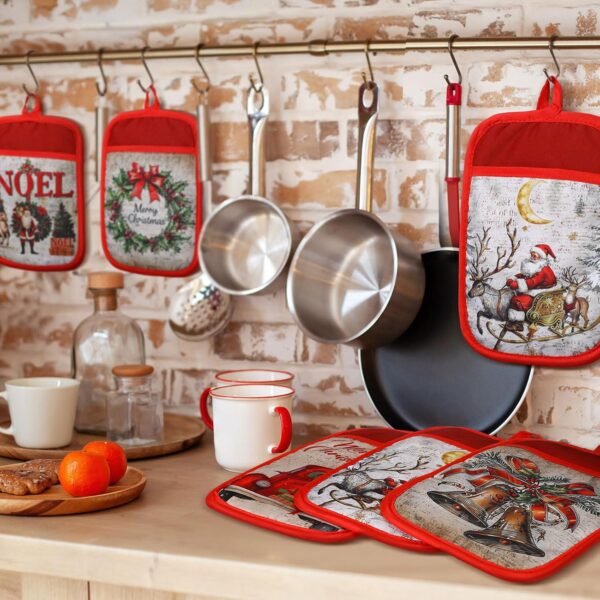 12 Pcs Christmas Pot Holders with Pocket Xmas Retro Pot Holders for Kitchen Winter Hot Pads Oven Mitts Cookie Bag Cute Heat Resistant Farmhouse Oven Gloves Baking Cooking - Image 3