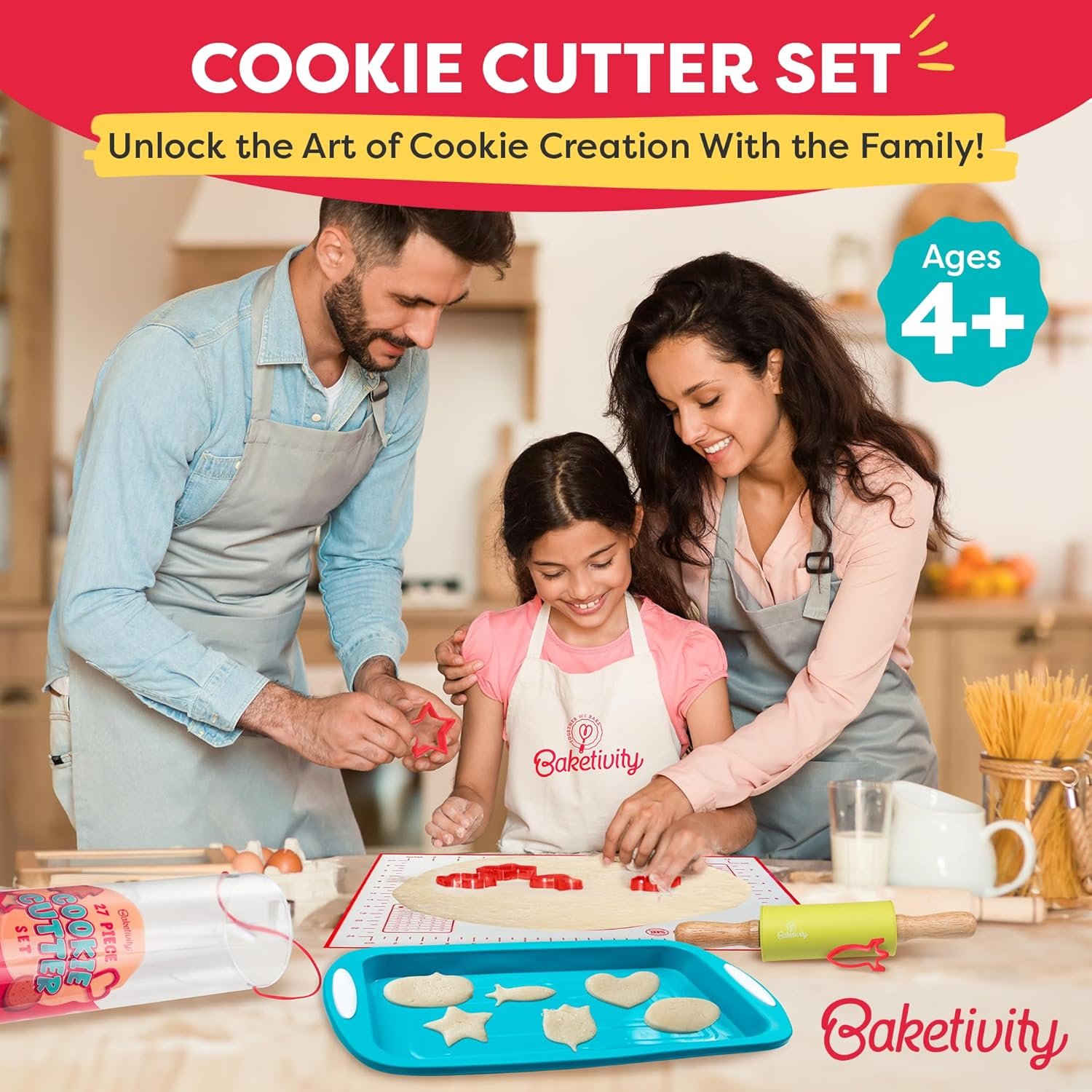 Baketivity Cookie Cutter Set For Kids, 24 Assorted Cookie Cutters of Basic Shapes, Seasonal, and Holiday Themes - With Rolling Pin, Silicone Baking Pan, and Non-Stick Baking Mat - BPA-Free - Ages 4+ - Image 3